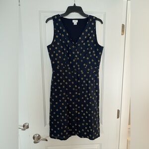 J Crew Navy and Yellow Daisy V Neck Dress Sleeveless Size 6 Cotton Linen Summer